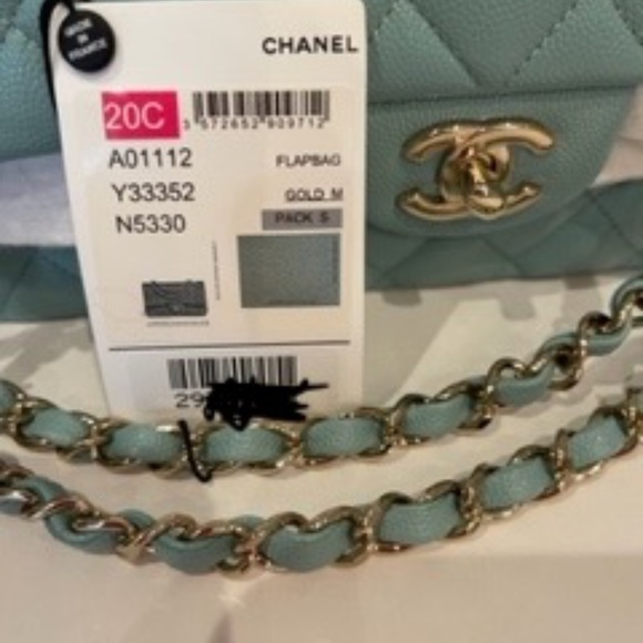 ❌SOLD!!!-❌ NWT! CHANEL Caviar Tiffany Blue Medium ClassicFlap/Champagne Hardware - Picture 2 of 13